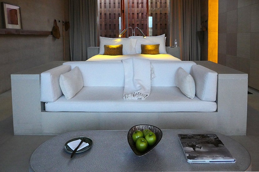 Rooms are large, consisting of private courtyard, separate bedroom, separate bathroom (tub, twin rain showers), separate toilet, vanity area, exterior courtyard with desert view, and fire pit.