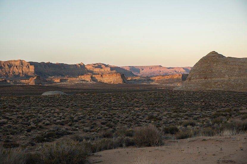 Hiking as the sun goes down. Exquisite views, but it gets chilly at dusk!