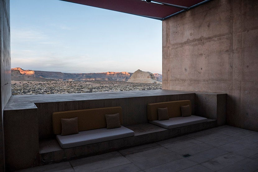 The outdoor lobby frames the landscape impeccably.