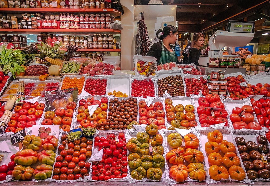 The colors are vibrant at the Santa Caterina market in Barcelona, Spain. Image courtesy of Francisco Calvino via Getty Images.