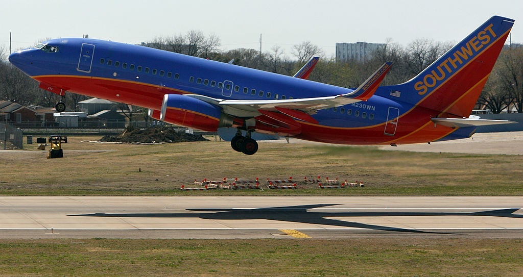 DALLAS - MARCH 12: Southwest Airlines planes take off from the airline's hub at Dallas Love Field Airport March 12, 2008, in Dallas, Texas. Southwest Airlines said it has grounded about 40 of its jets to inspect for possible damage after admitting they missed safety inspections. (Photo by Rick Gershon/Getty Images)