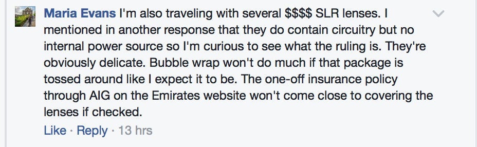 As this TPG commenter mentions, expensive digital cameras and professional lenses may exceed the limits covered by some insurance. Image courtesy of Facebook.