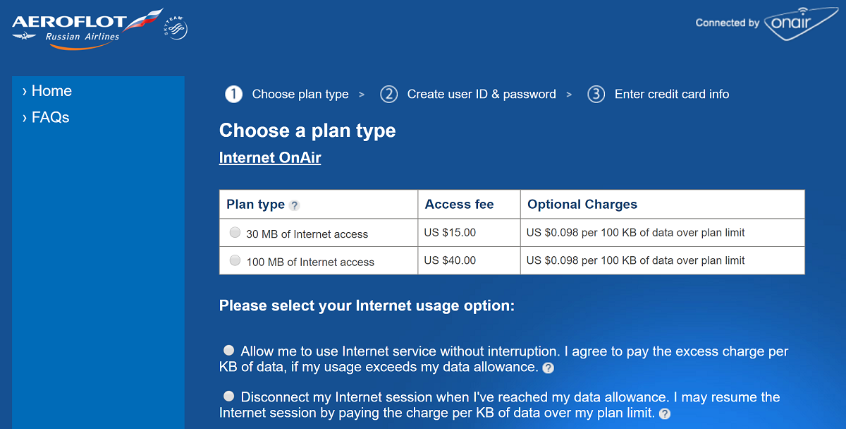Aeroflot WiFi price option