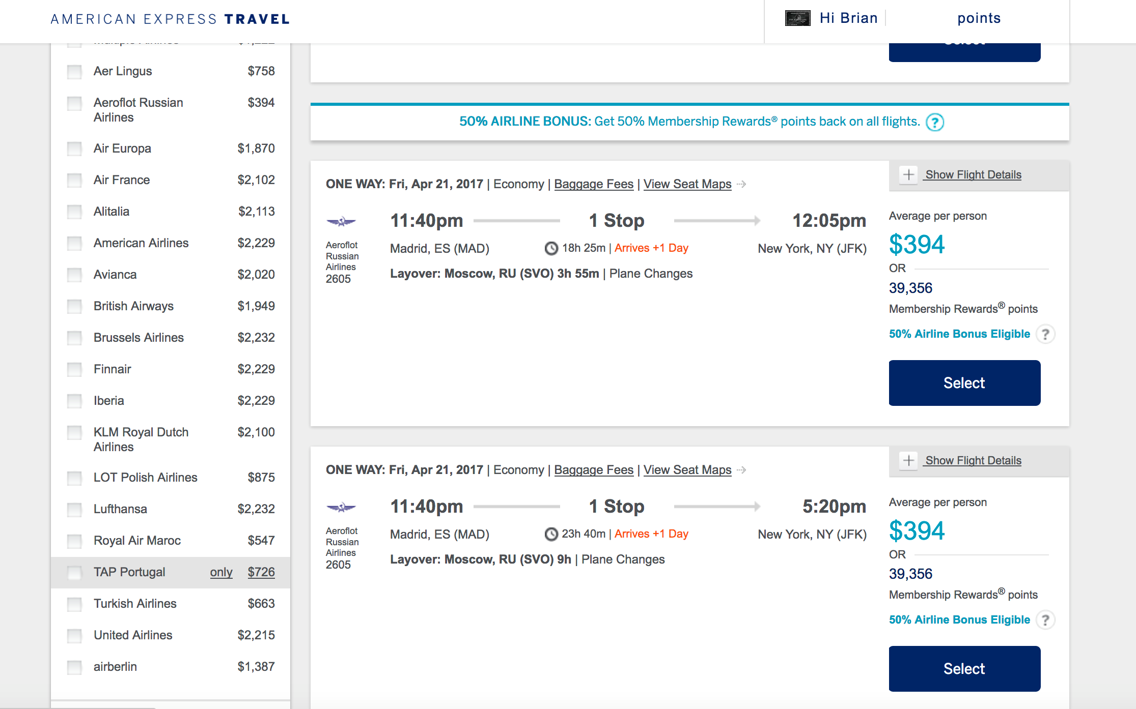 AmexTravel options