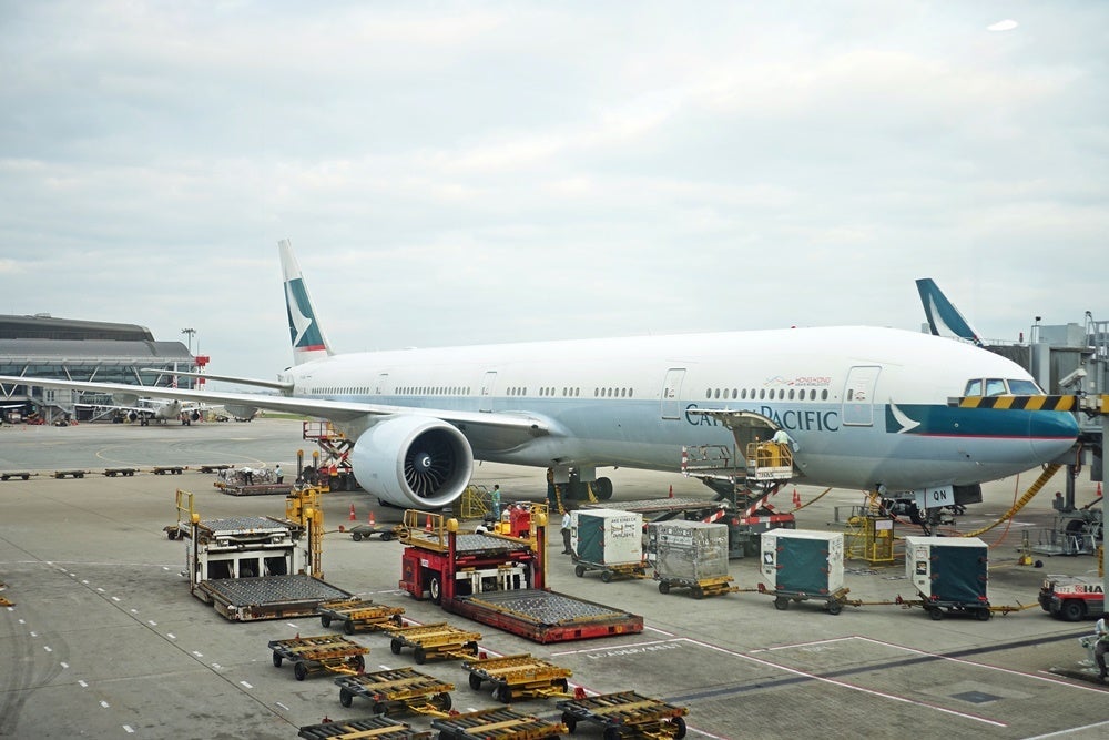 The Cathay aircraft just after landing in Hong Kong.