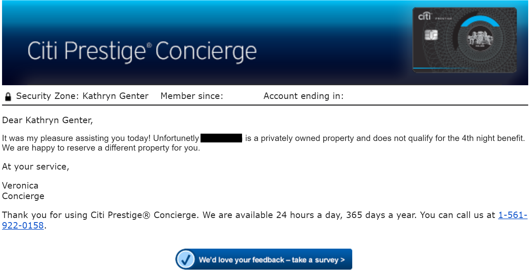 Citi Concierge 4th night free denial private property