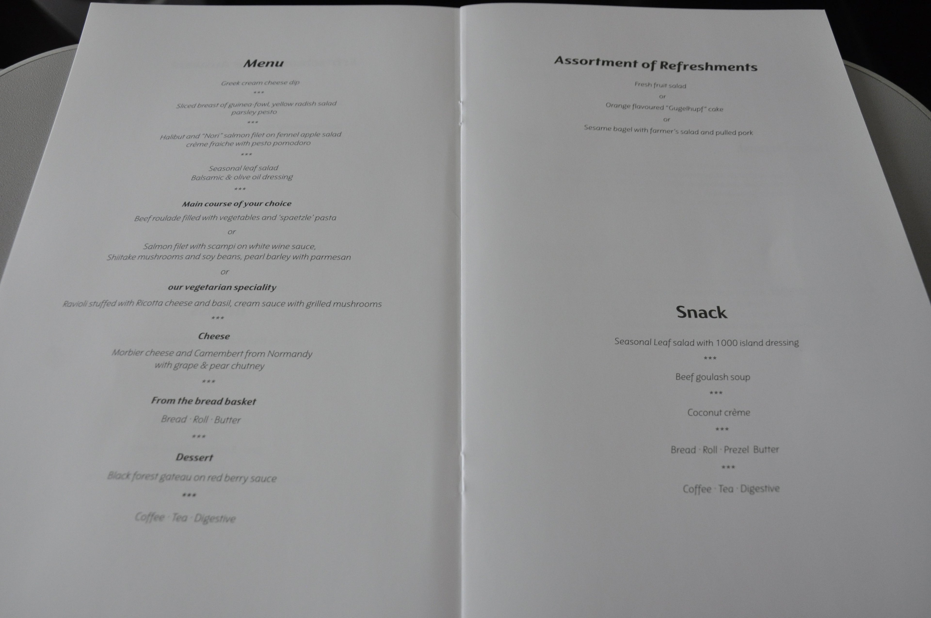 Food menu on my Condor Business Class flight