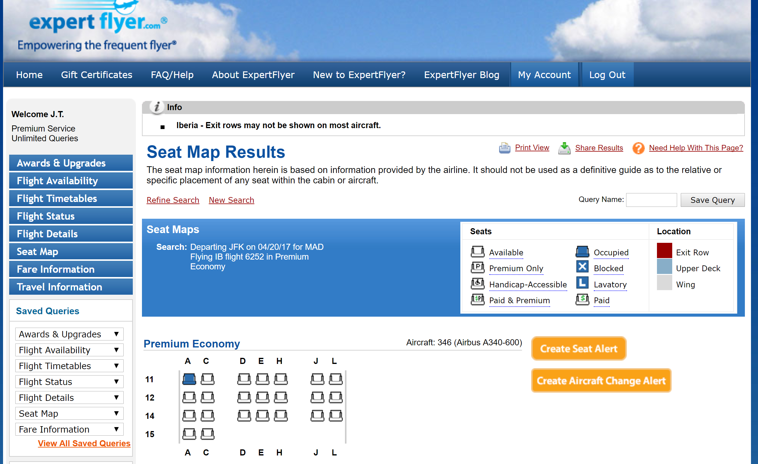 ExpertFlyer seat map JFK-MAD