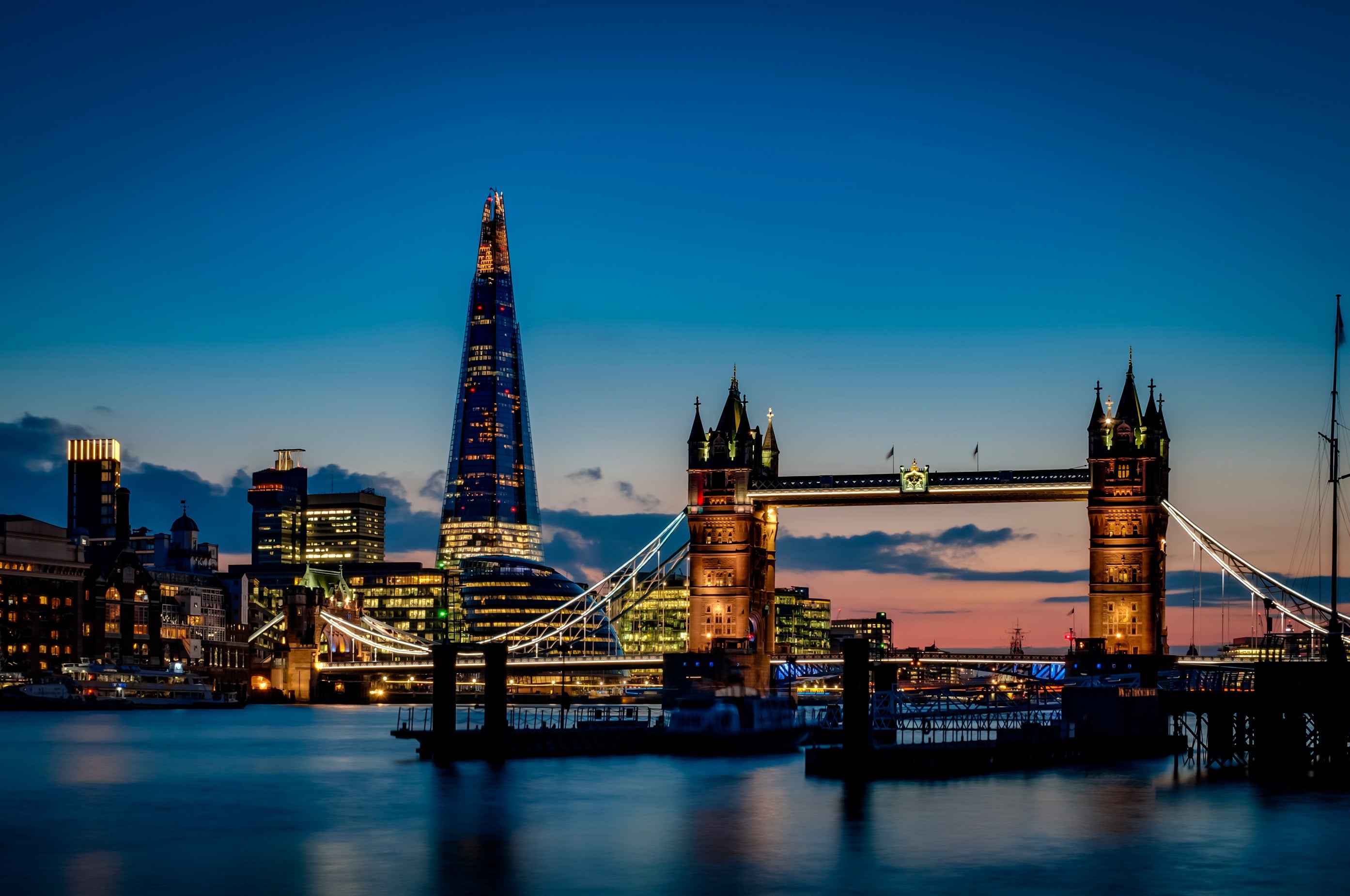 Tower bridge and the sky London skyline at night in London, England