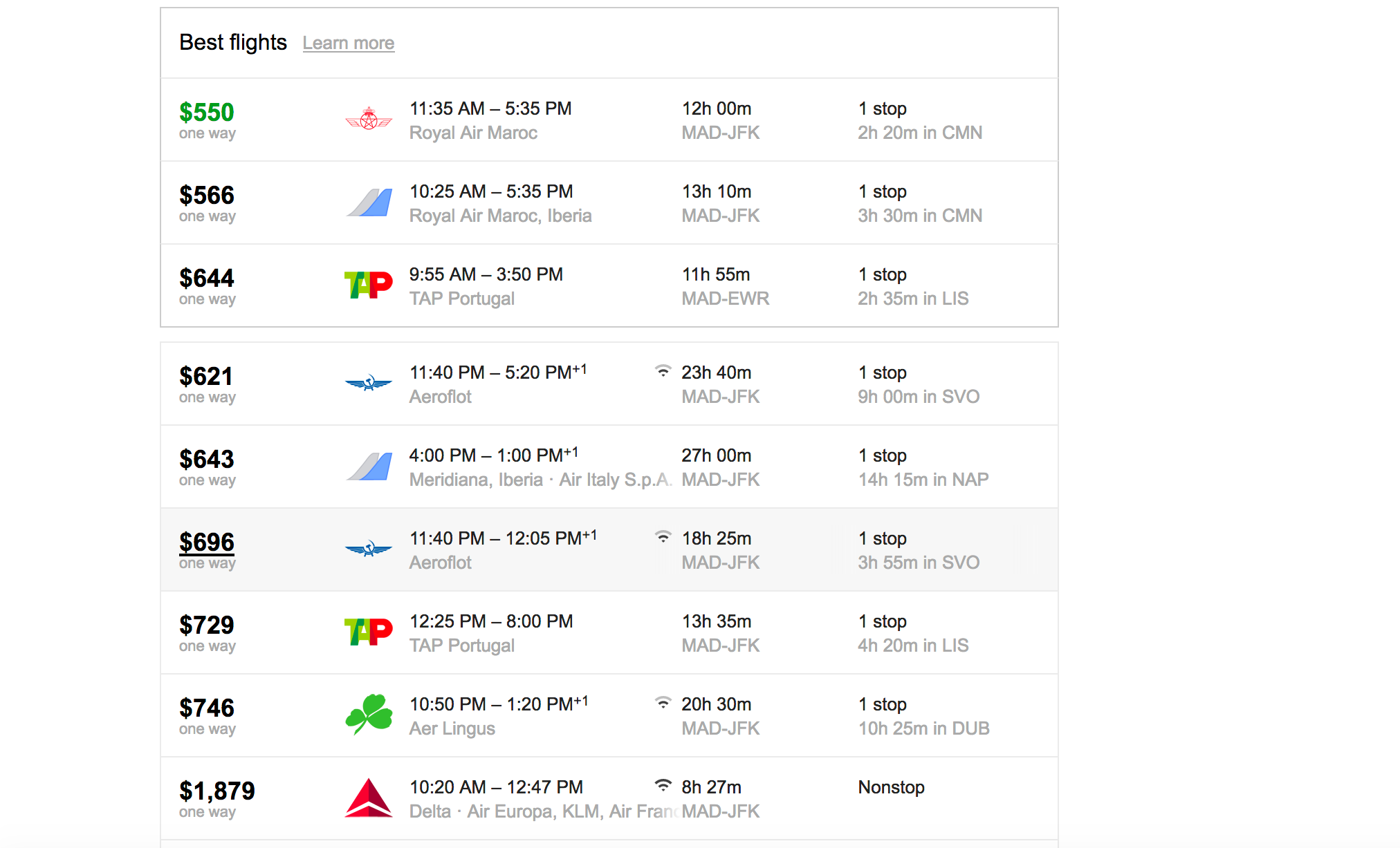 Google Flight prices