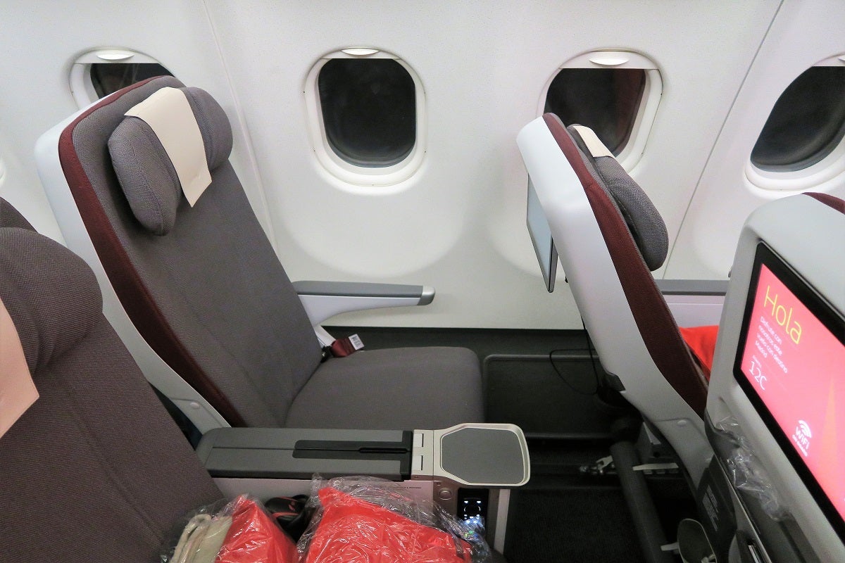 Iberia A340-600 Premium Economy seat reclined and IFE screen tilted