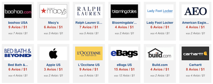 Current increased Avios earning rates from the Avios eStore.