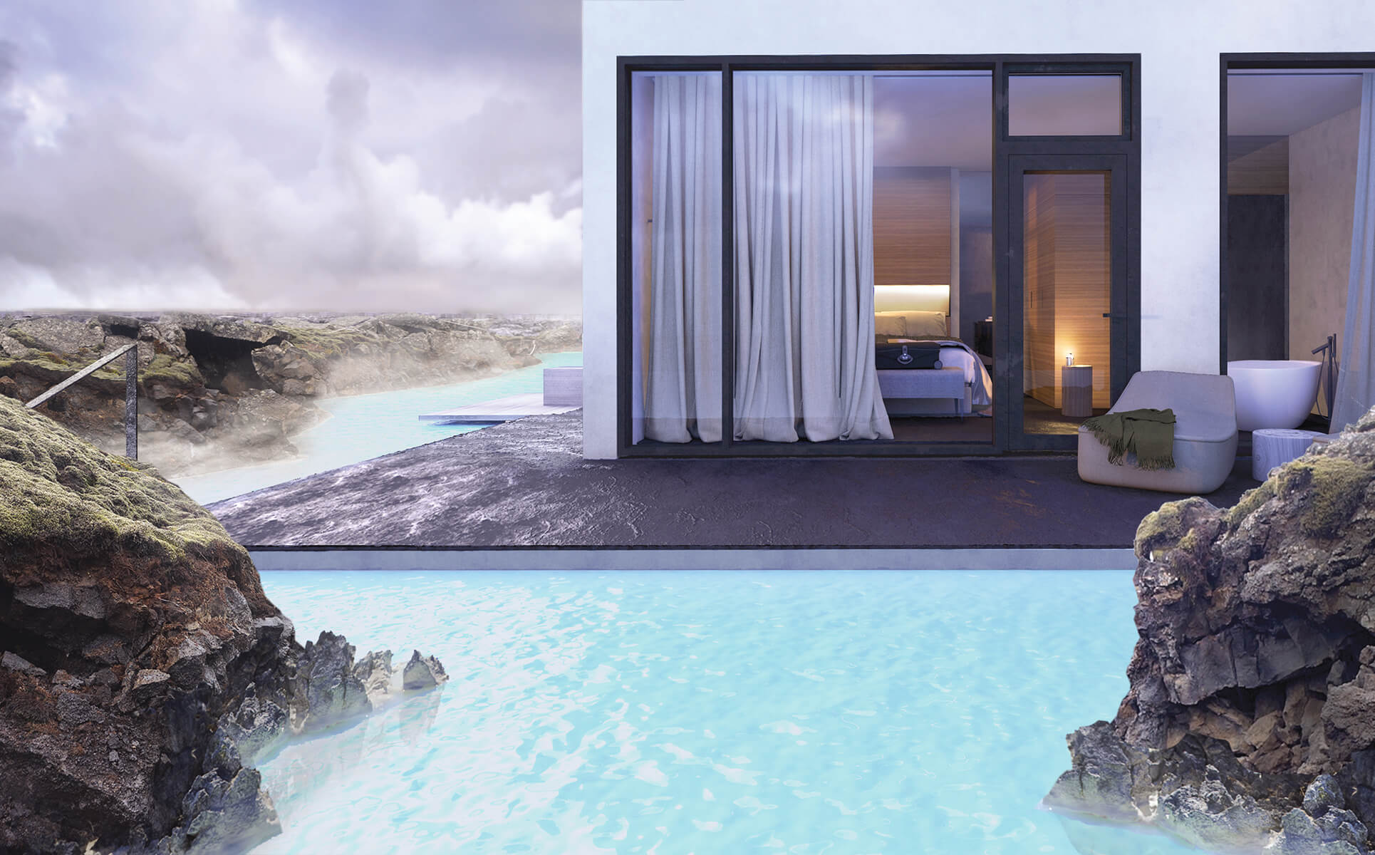 Some guest rooms have terraces that are built directly on top of the geothermal waters. Image courtesy of the hotel.