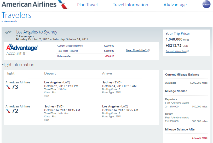 AA LAX-SYD first class