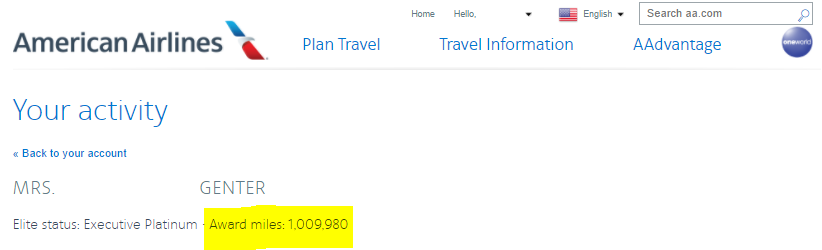 AAdvantage account over 1,000,000