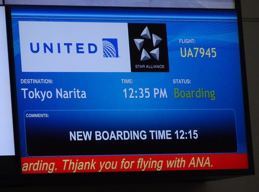 I happened to notice the new boarding time -- and a typo -- on the gate monitor.