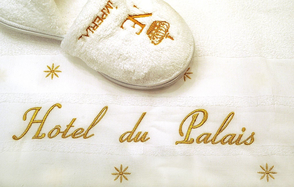 A picture taken on June 15, 2011, shows the cotton slippers in a bathroom of the luxury hotel "Hotel du Palais" in Biarritz, Southwestern France. This hotel became on May 5, 2011 one of the eight deluxe French hotels crowned with the rare distinction of "palace" status, a new industry classification for luxury that goes beyond a mere five stars. French tourism authorities said the rank recognised "French-style excellence" to boost the profile of the most chic hotels. AFP PHOTO / FRANCK FIFE (Photo credit should read FRANCK FIFE/AFP/GettyImages)
