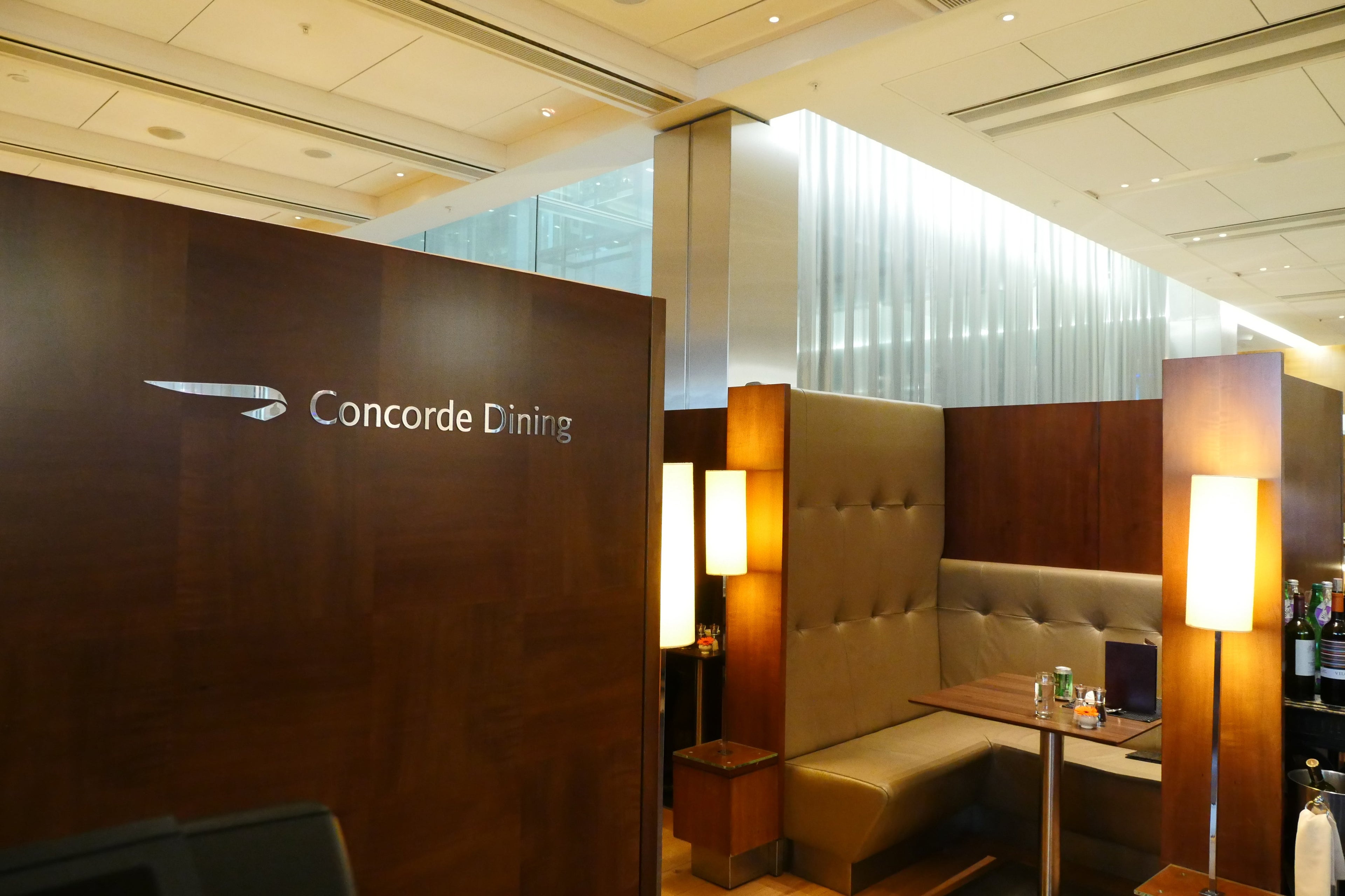 The dedicated dining area in the Concorde Room has tables which can seat two comfortably - any more persons and you'll want to eat in the main lounge area I would think