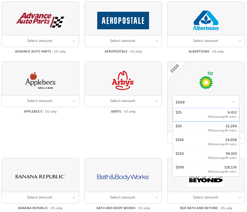 Pointscom AA gift card options