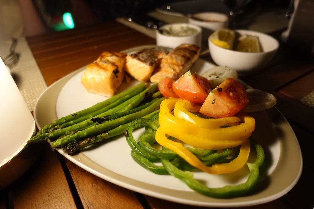 Salmon and vegetables.