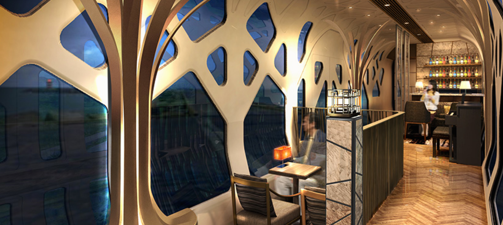 The carefully crafted wall pattern in the lounge car is meant to mimic the feel of the forest. Image courtesy of East Japan Railway Company