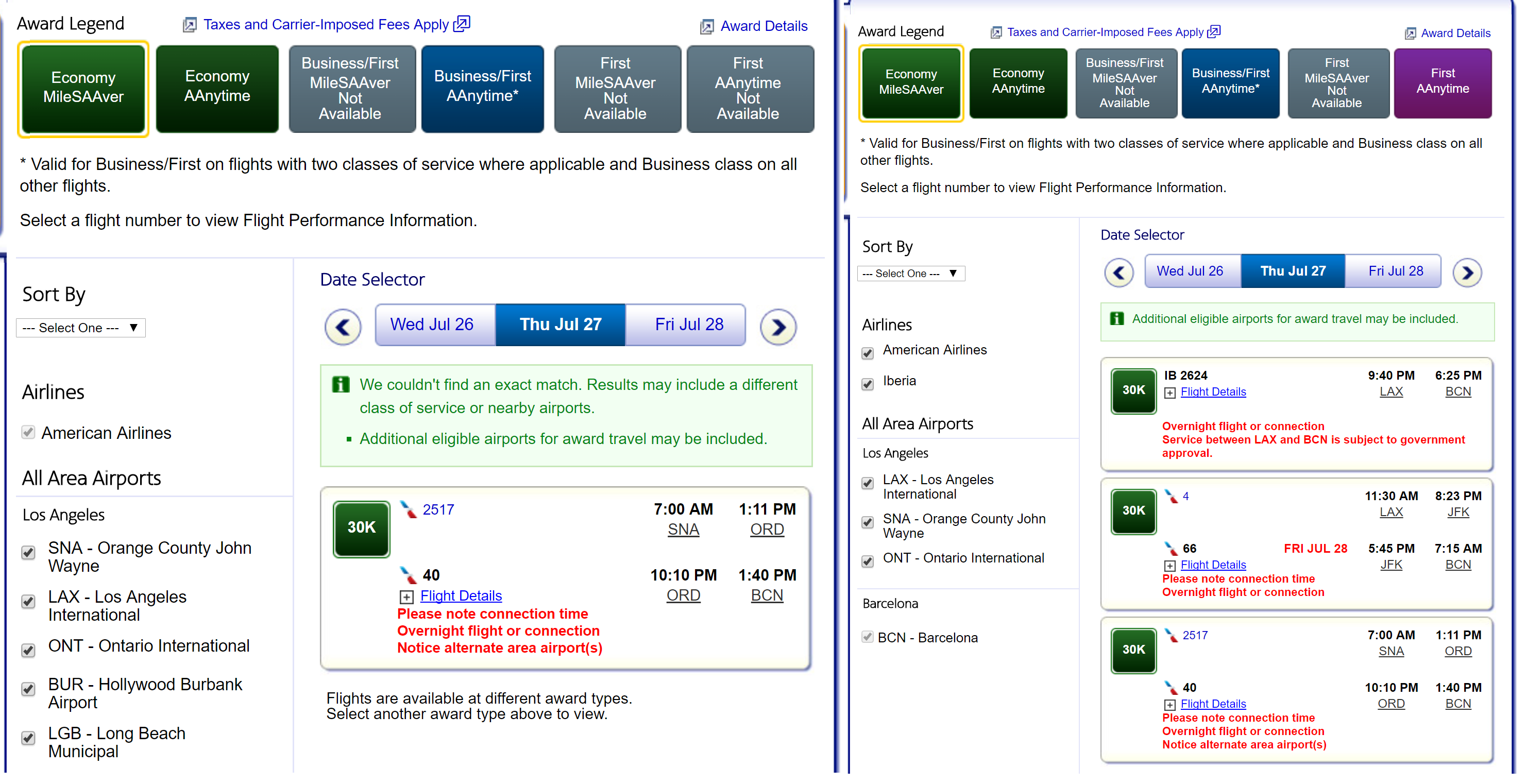 AA Iberia comparison between homepage and advanced searching