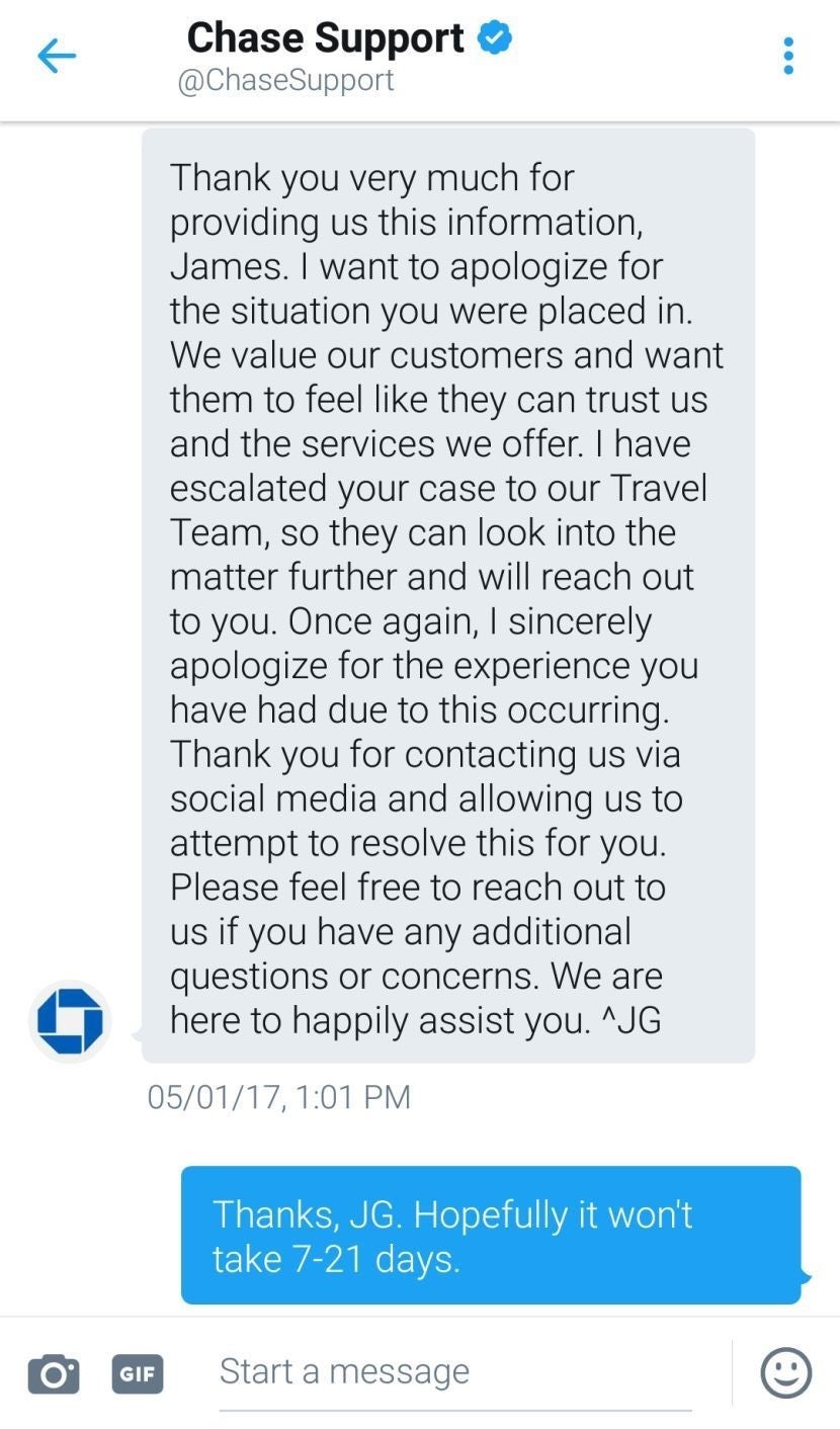 Chase replied a couple days later via DM.
