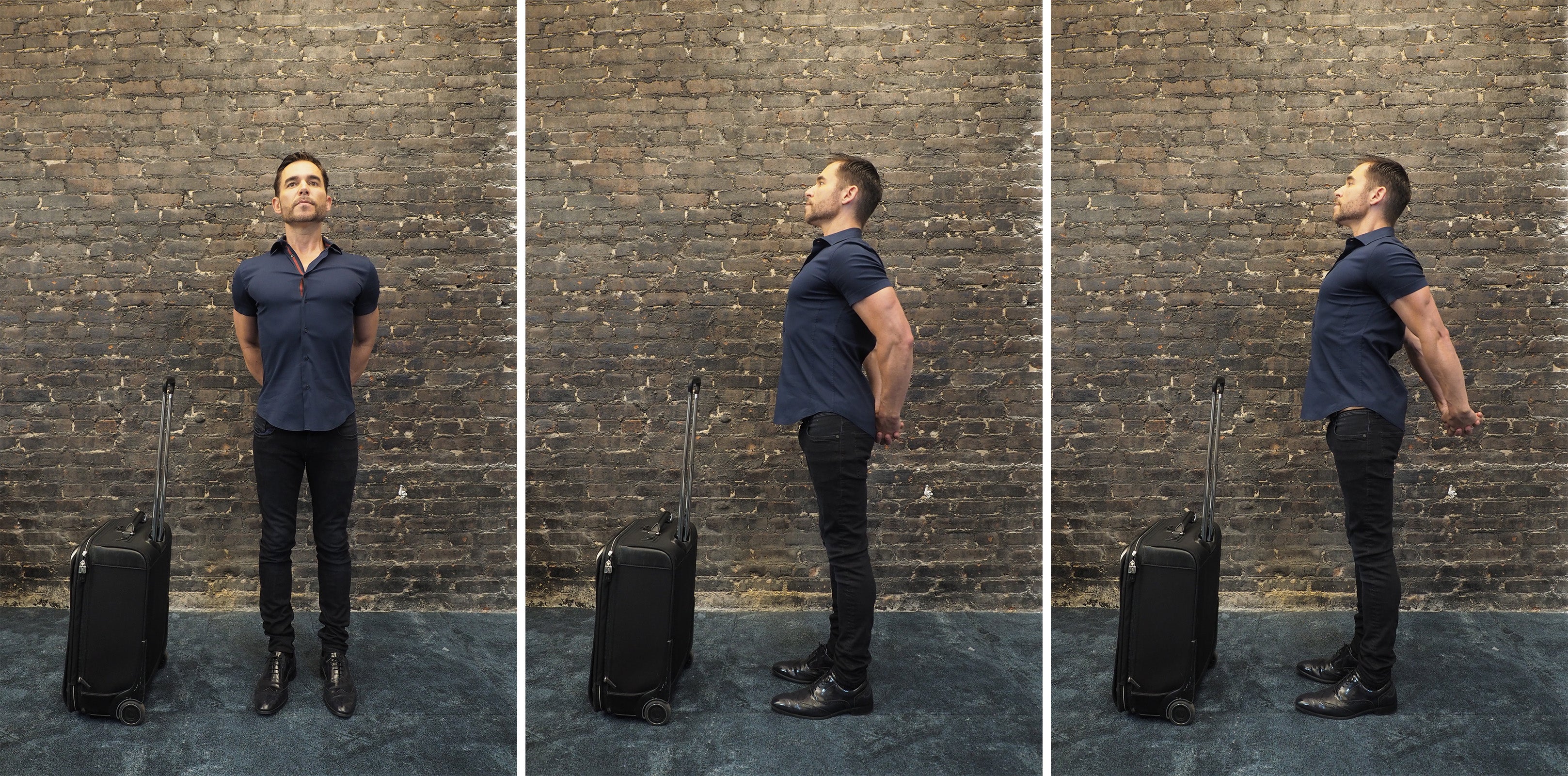 Ross Rayburn demonstrates shoulder stretches to try after flying. Image via Brendan Dorsey.