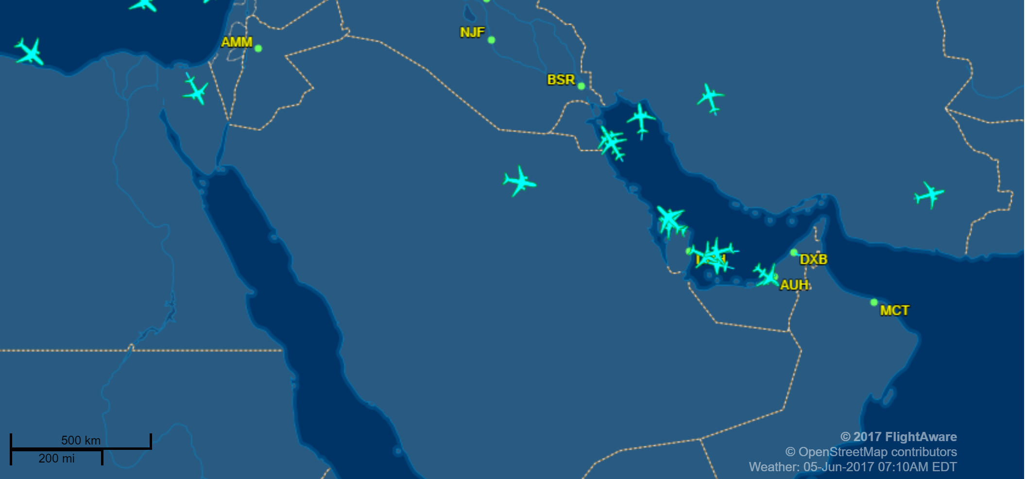 FlightAware's map of Qatar Airways flights shows Qatar flights over all three of the large countries who cut diplomatic ties with it early Monday morning.