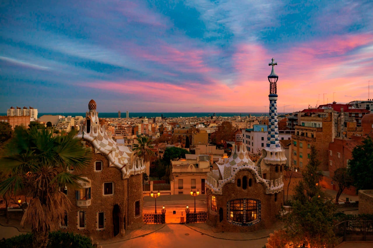 Park Guell with dramatic sky in Barcelona