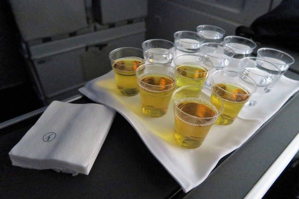 Lufthansa 747-8 748 business class IAD-FRA galley drinks