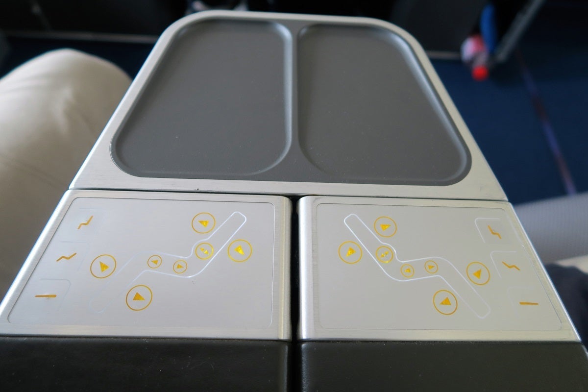 Lufthansa 747-8 748 business class seat controls and drink holder