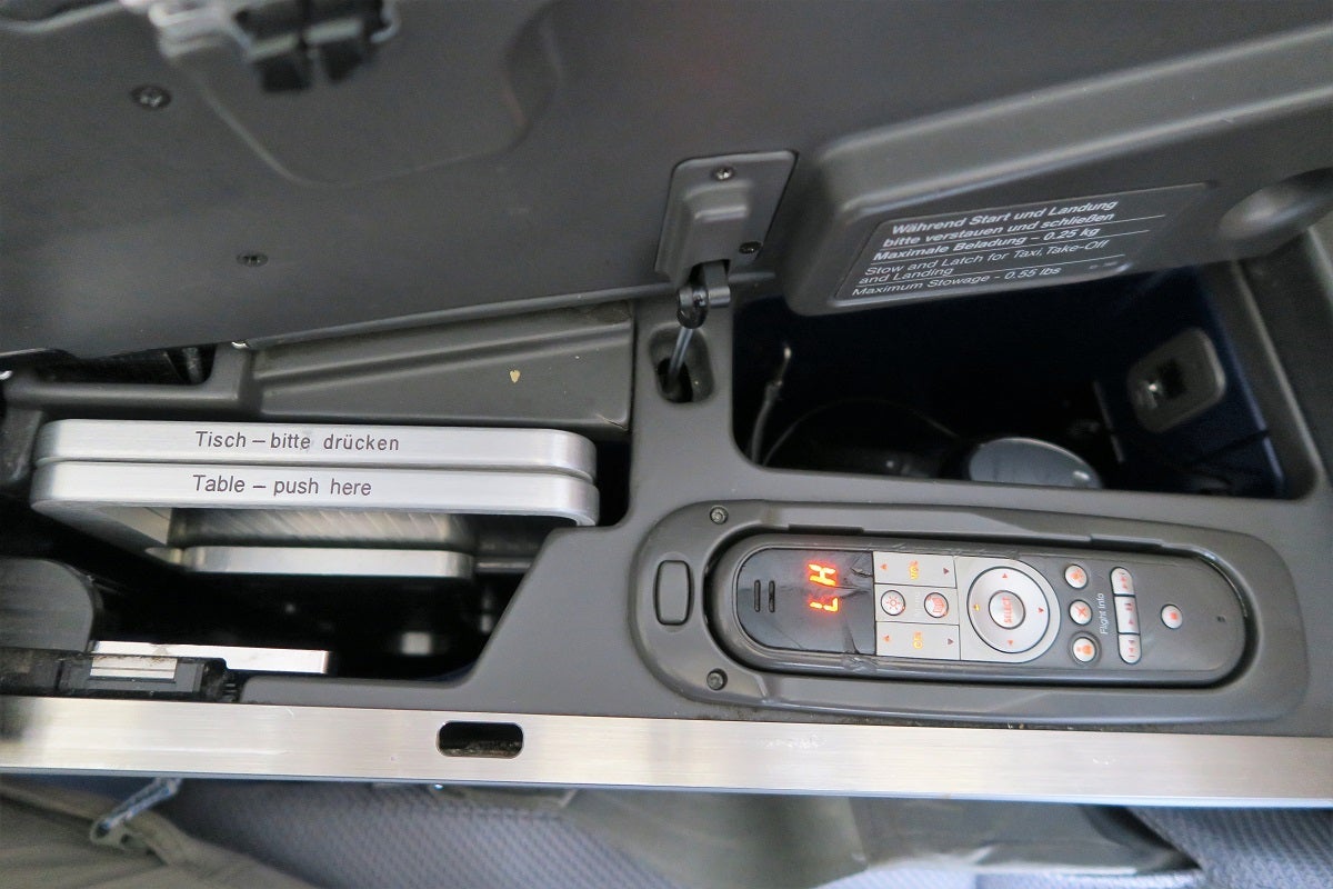 Lufthansa 747-8 748 business class tray table, remote and headphone well