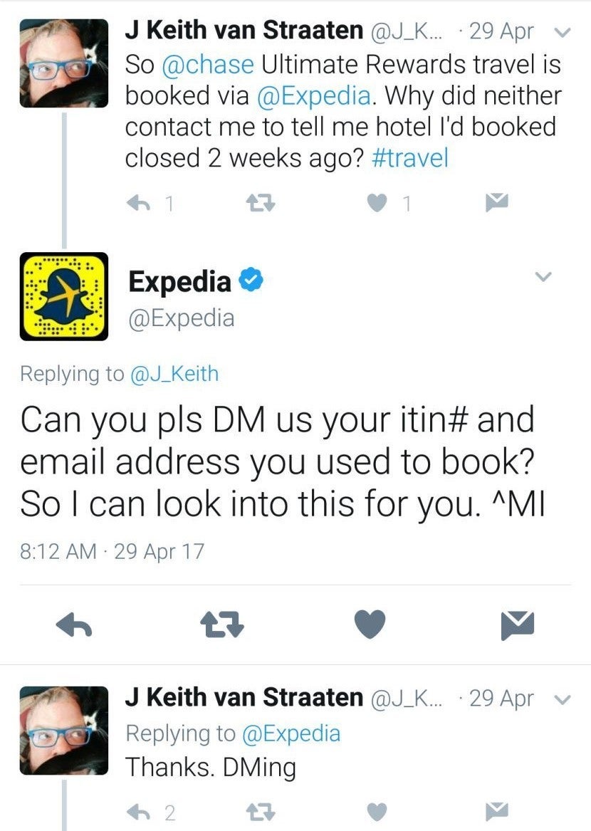 Expedia responded quickly to another tweet.