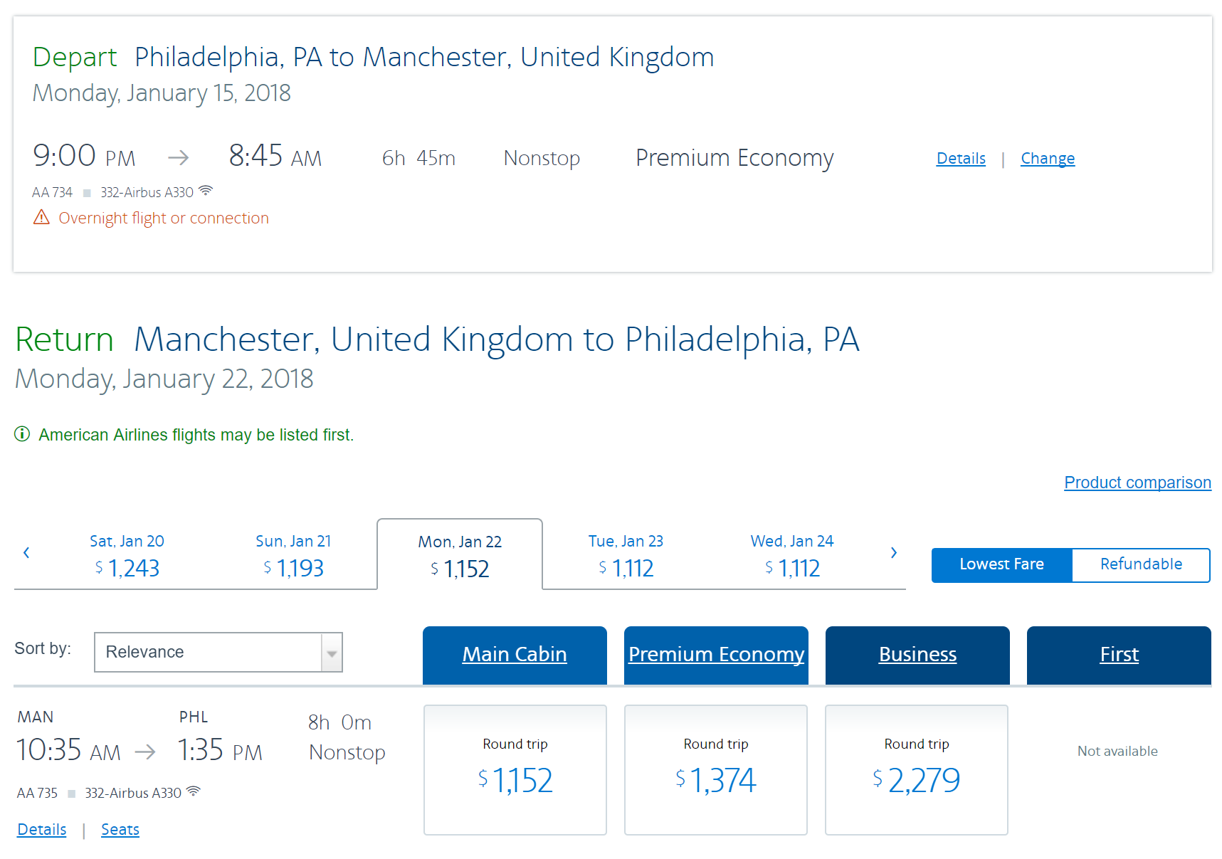 AA Premium Economy A330 PHL-MAN