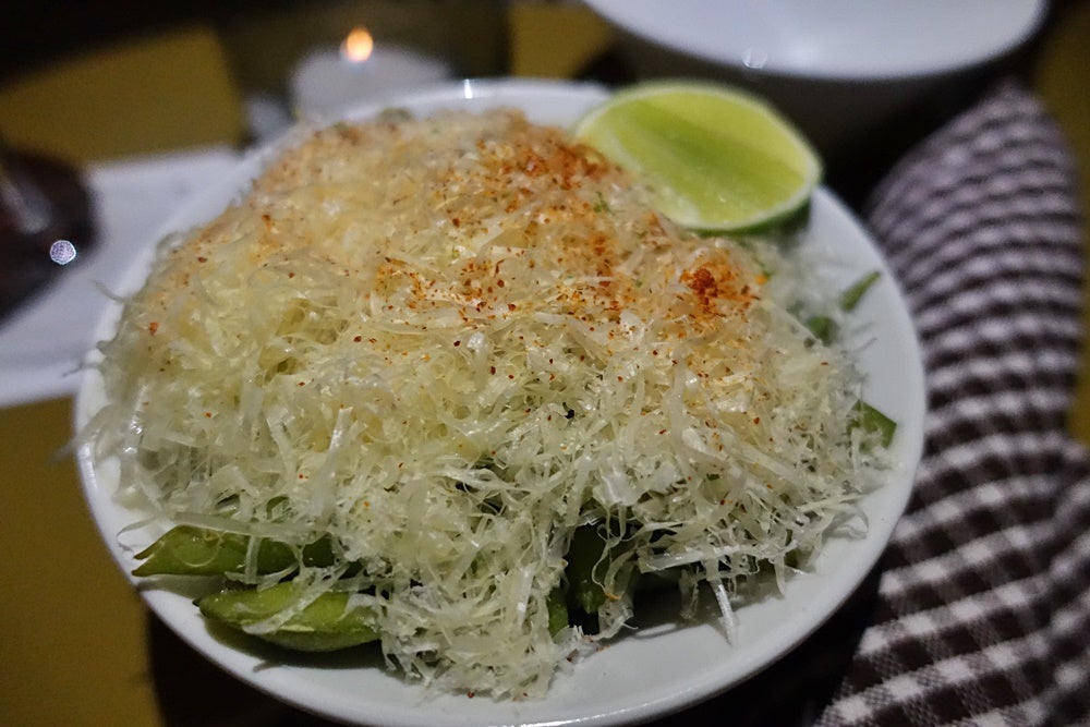 Edamame with Parmesan and paprika.