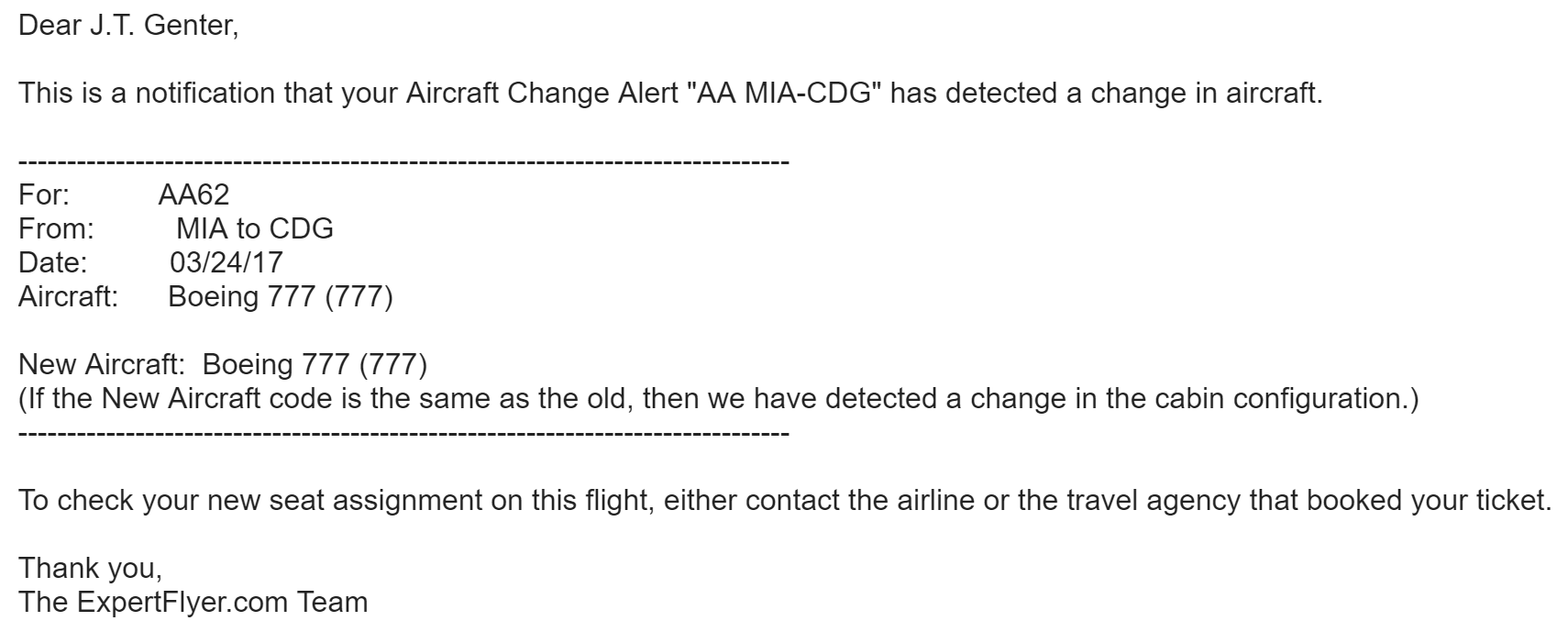 ExpertFlyer Aircraft Change Alert