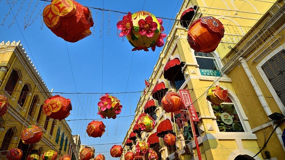 A large number of colourful lanterns, in preparation for