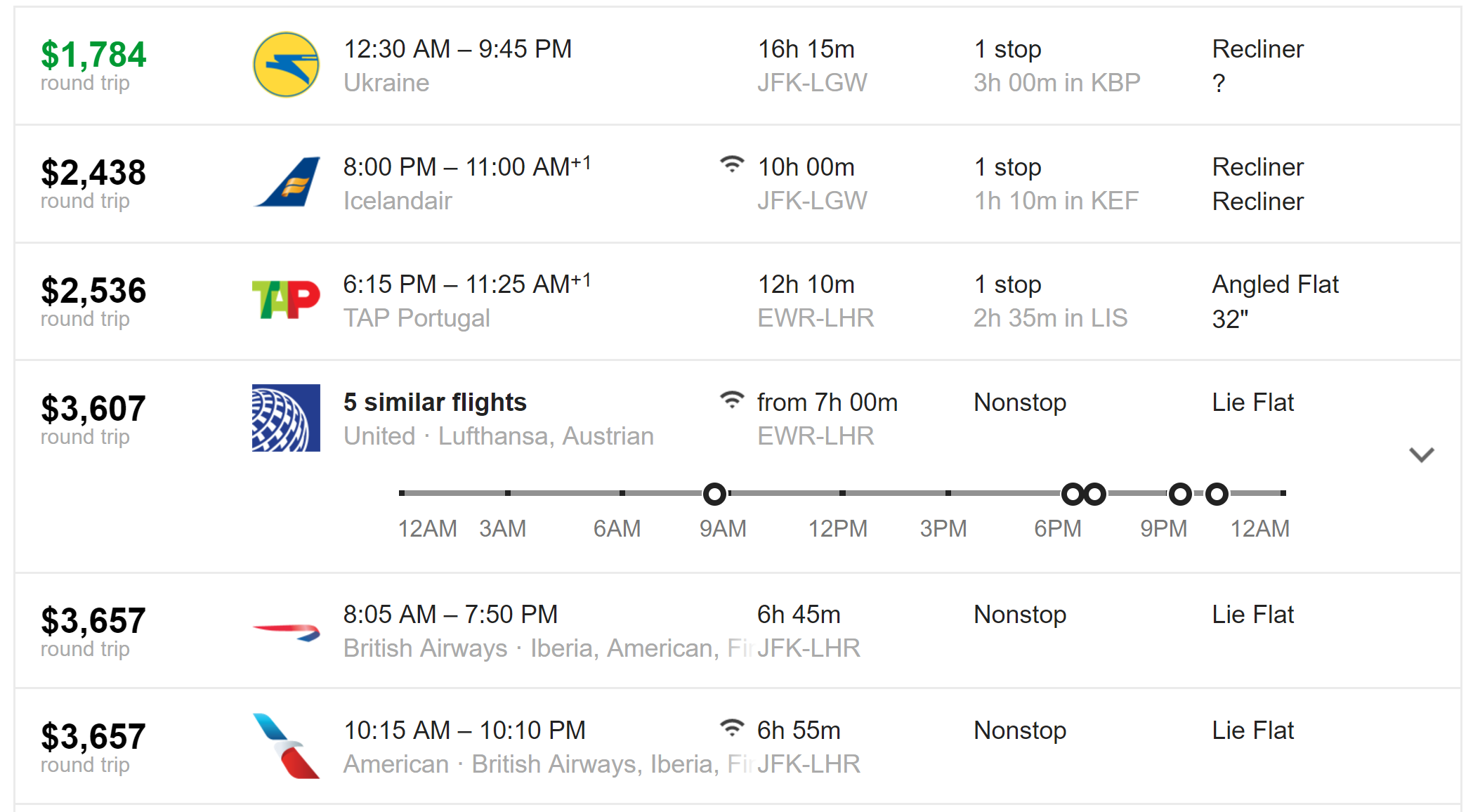 Legroom for Google Flights search results - business