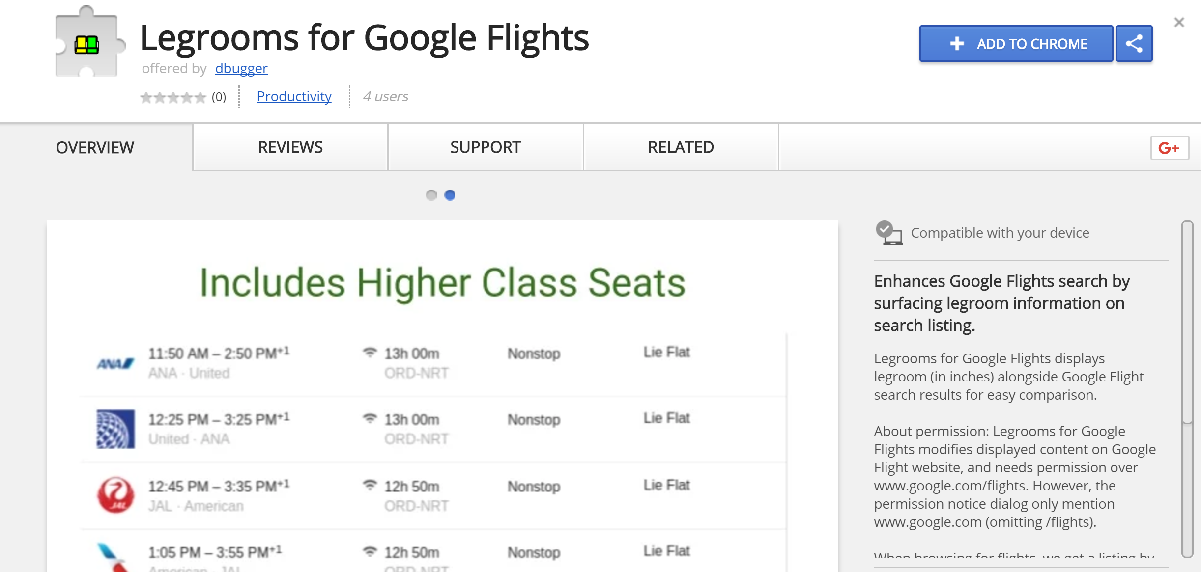 Legrooms Google Flights install screen