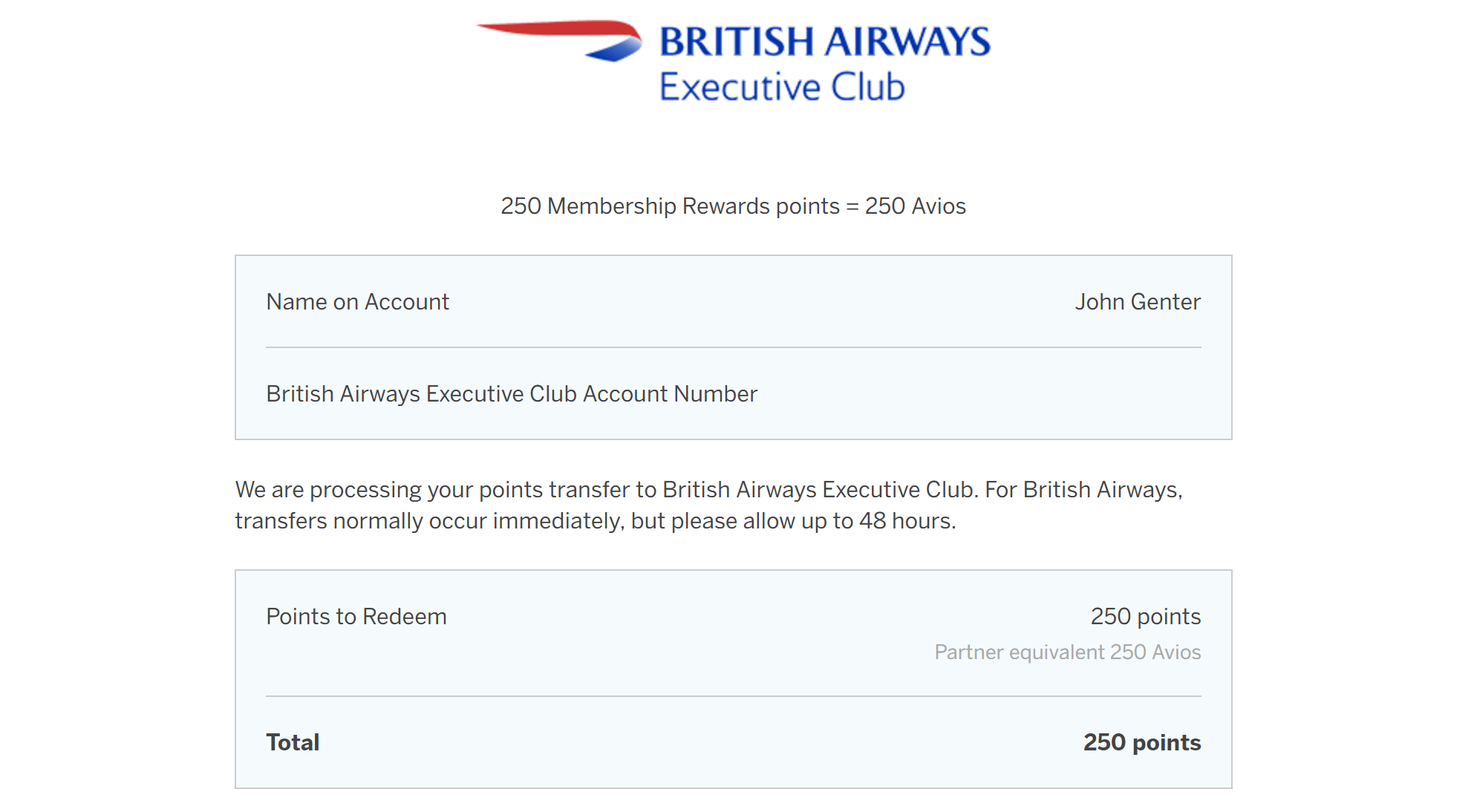 MR Avios transfer confirmation