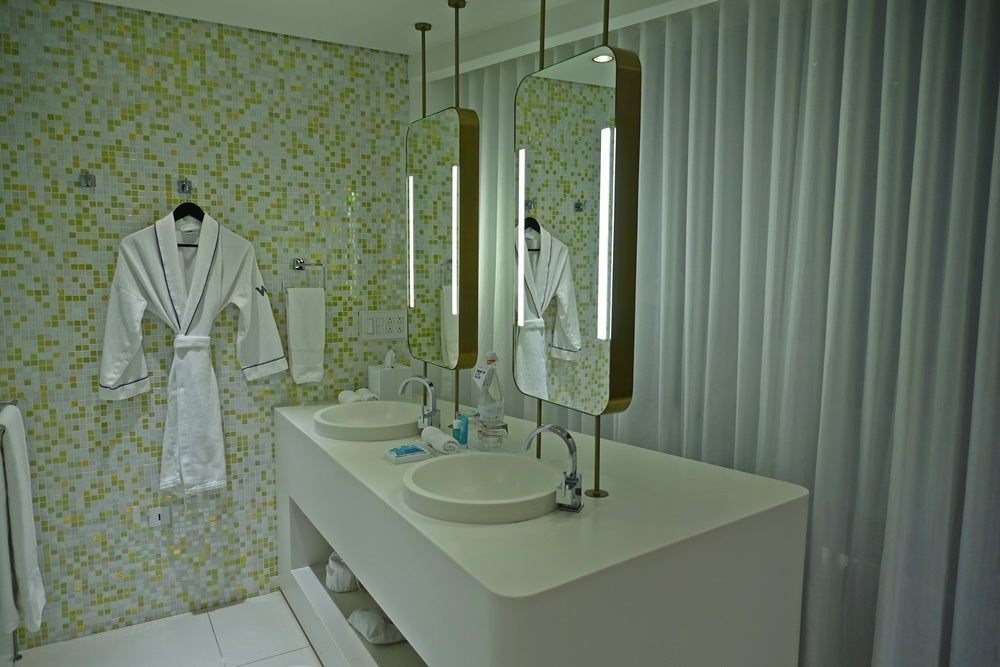The vanity with double sinks.
