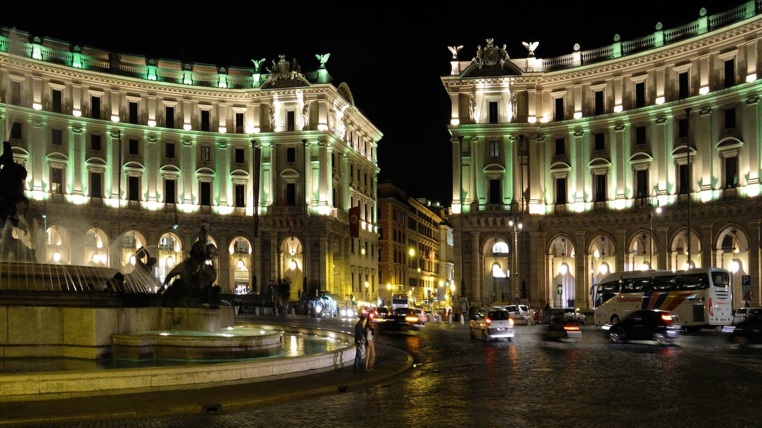 Piazza della Repubblica in Rome at night.