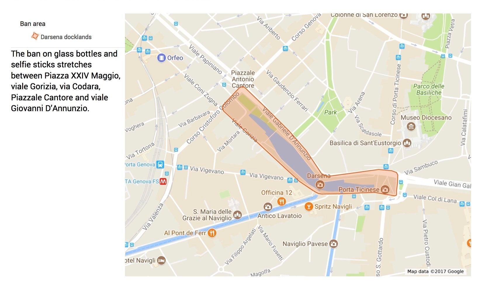 An outline of the affected area based on reports of its reach. Graphic designed on Google Maps by author.
