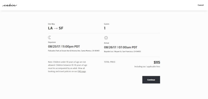$115 for a one-way trip on Cabin.