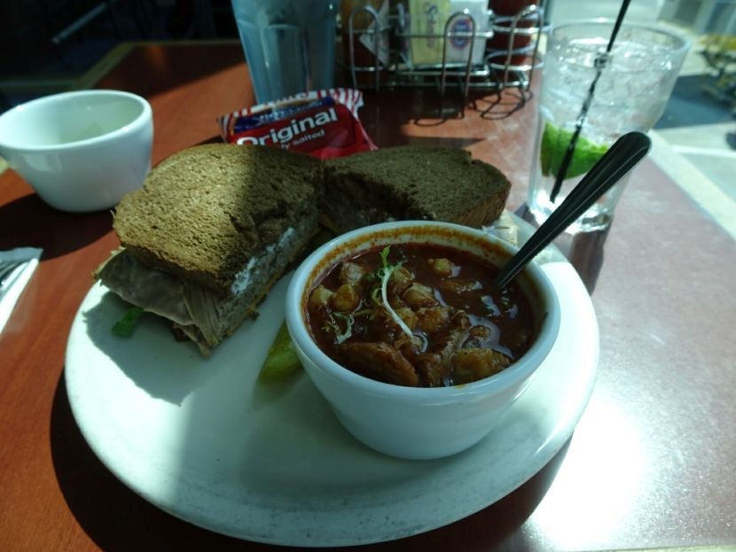 Soup and sandwich in the shadows at Capers Cafe Le Bar.