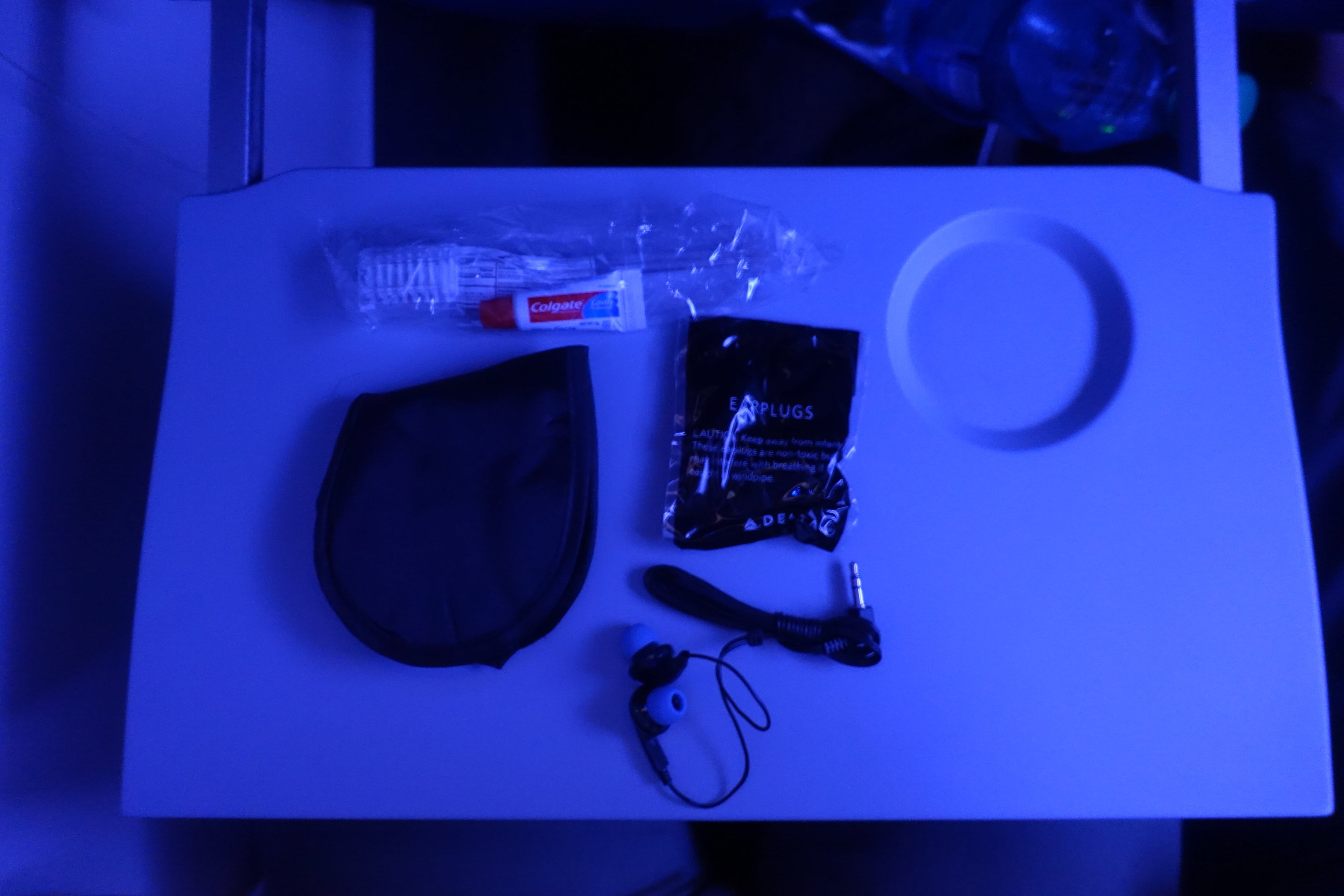 Amenities included an eye mask, earplugs, headphones, a toothbrush and toothpaste