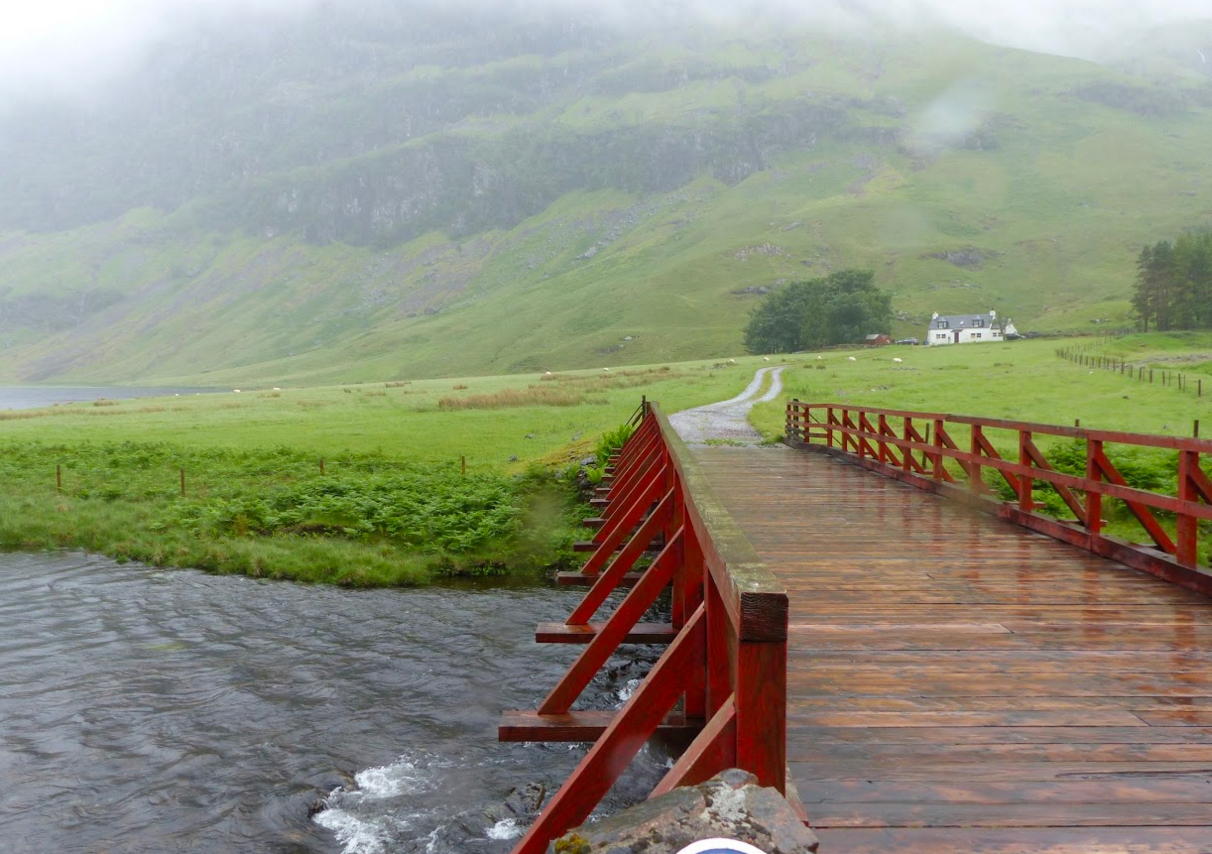 I love the contrast of colors, textures, and height—water, bridge, land, clouds and mountains.