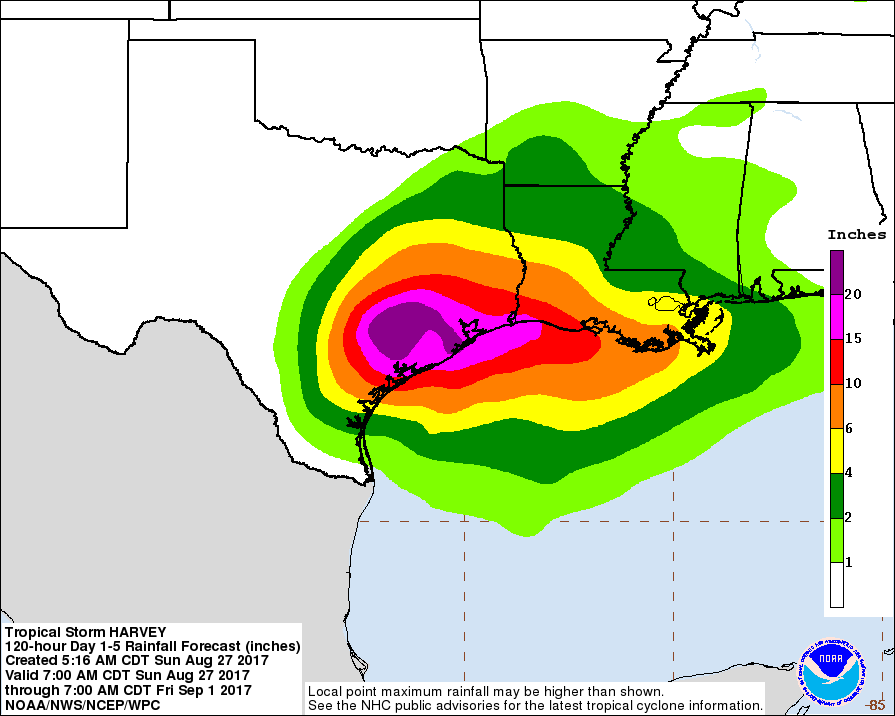Hurricane Harvey rainfall estimates Sunday