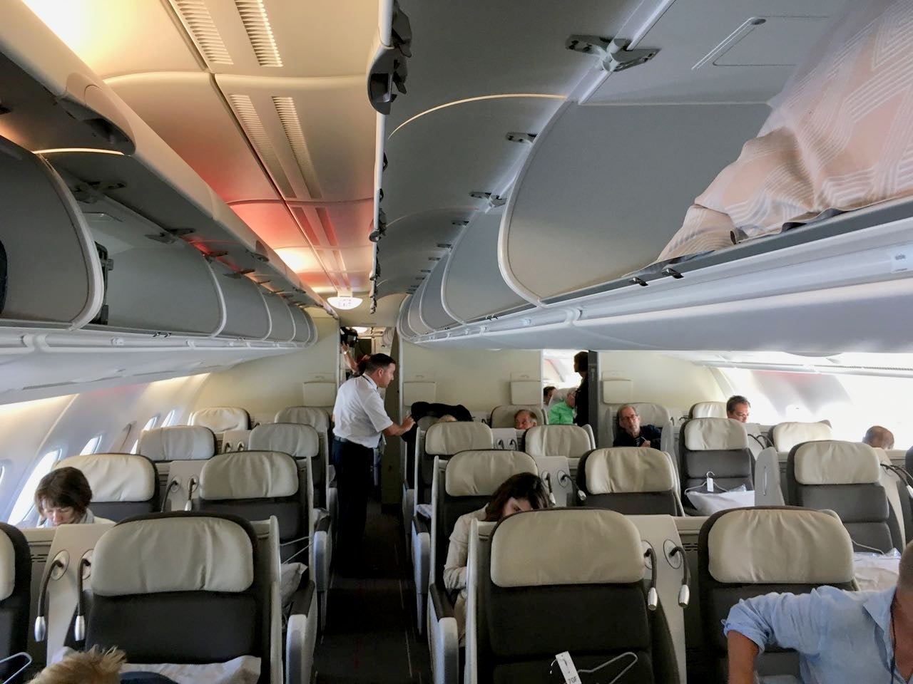 The business class cabin aboard Air France's A380 feature an outdated side-by-side angle flat seat. It is the only long-haul aircraft in the Air France fleet that doesn't offer fully flat, direct aisle access business class seats.